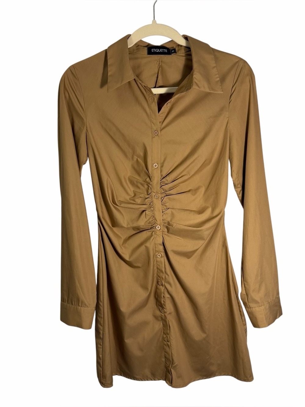 Tan Ruched Button-Down Shirt Dress